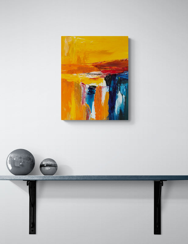 Mer et désert orange, yellow and blue artwork in a modern interior