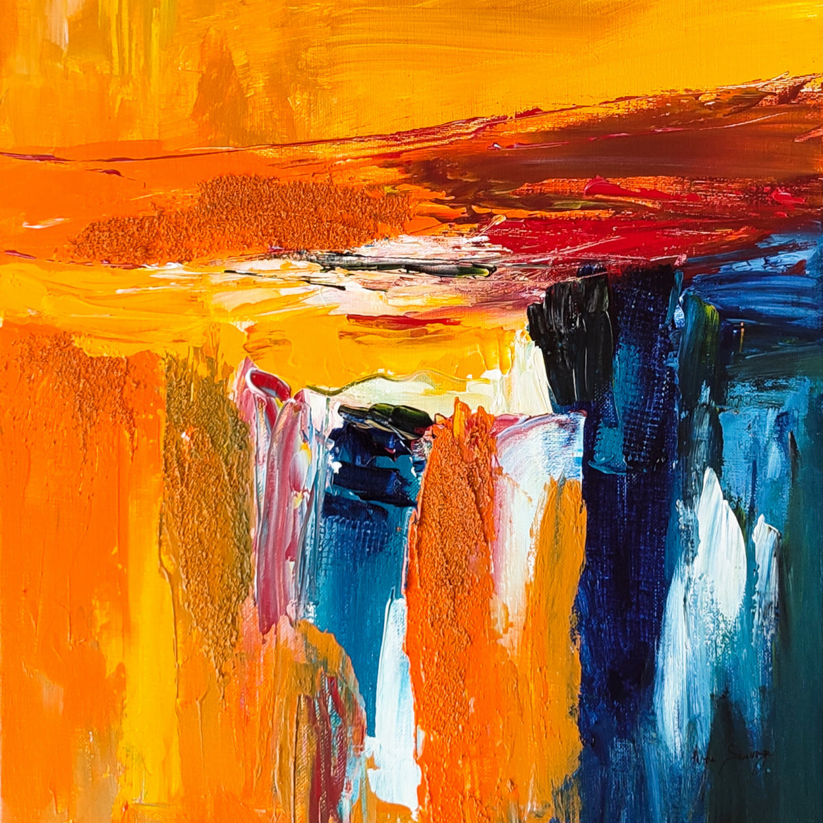 Detail of Mer et désert – orange, yellow and blue abstract painting by Âme Sauvage