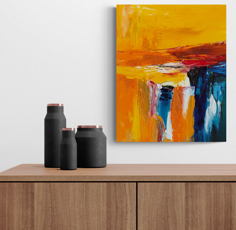 Mer et désert textured abstract painting displayed in a contemporary living room