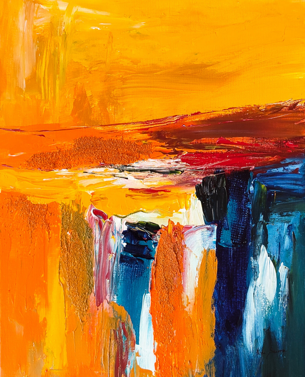 Mer et désert – textured orange, yellow and blue abstract painting by Âme Sauvage