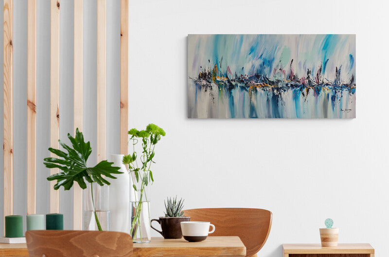 Modern large-format blue panoramic abstract artwork 