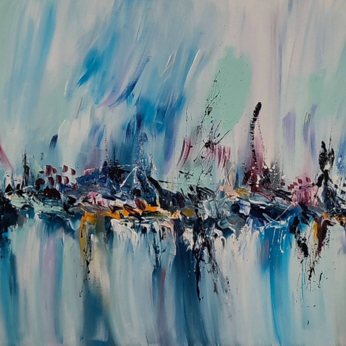 Modern large-format blue panoramic abstract artwork 
