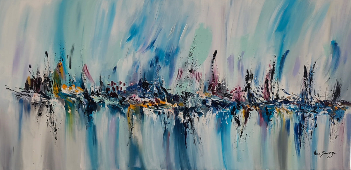 Modern large-format blue panoramic abstract artwork 
