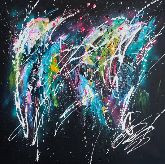 Mondes en création colourful abstract painting on black by French artist Âme Sauvage