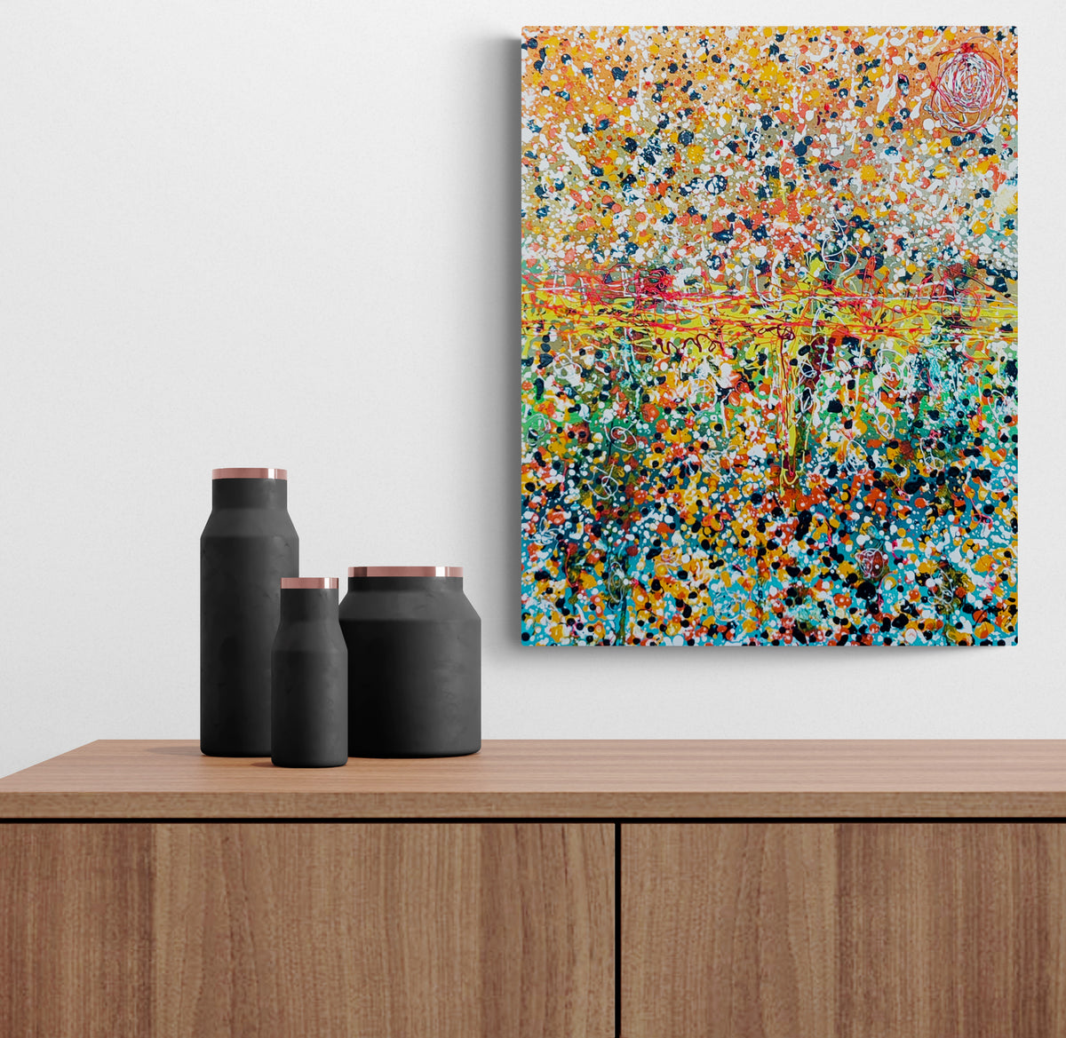 multicolour dripping abstract painting in interior