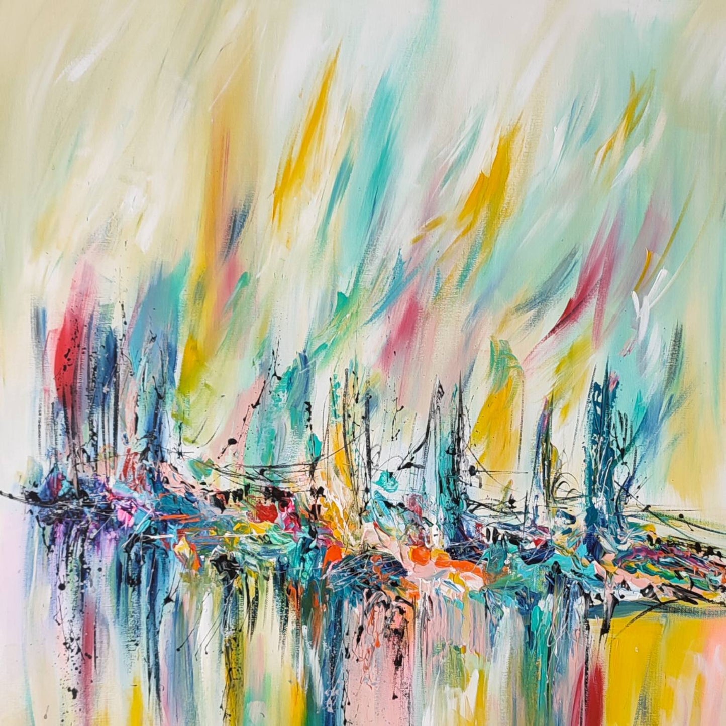 large vertical colourful original abstract painting on canvas by French artist Âme Sauvage