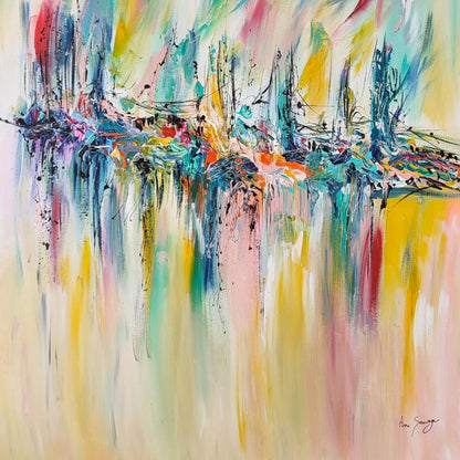 large vertical colourful original abstract painting on canvas by French artist Âme Sauvage