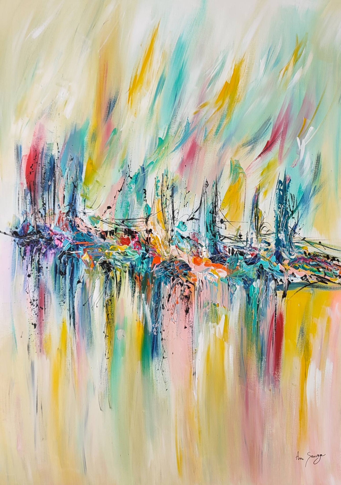 large vertical colourful original abstract painting on canvas by French artist Âme Sauvage