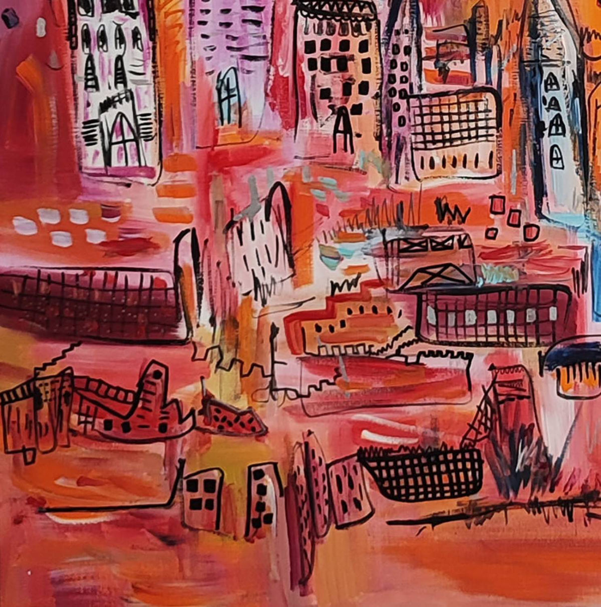 Detail of an orange city abstract painting with expressive forms