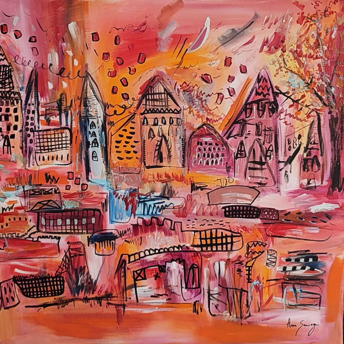 Detail of an orange city abstract painting with expressive forms