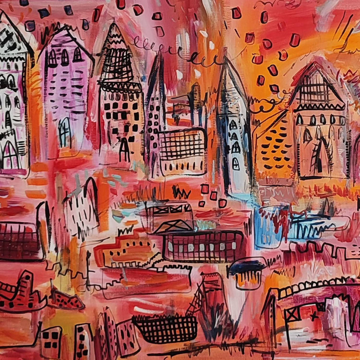 Detail of an orange city abstract painting with expressive forms