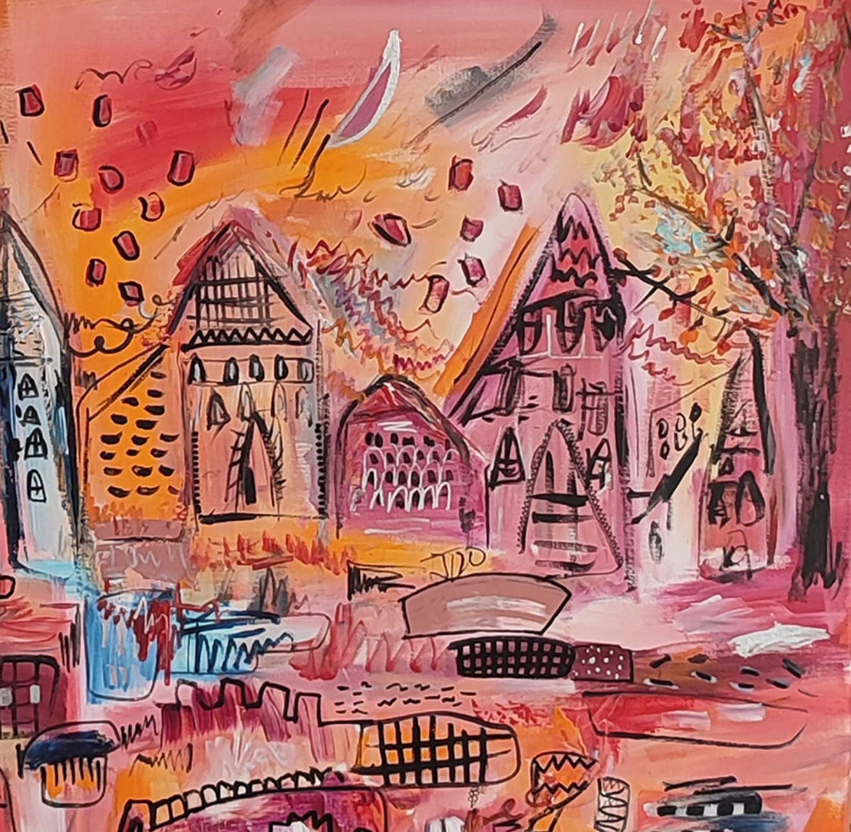 Detail of an orange city abstract painting with expressive forms