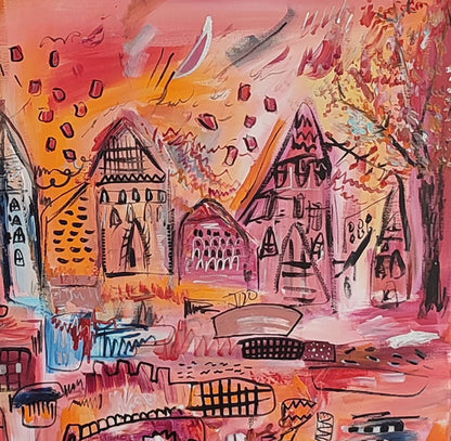Detail of an orange city abstract painting with expressive forms