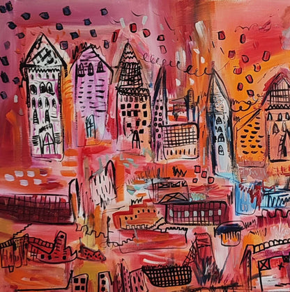 Detail of an orange city abstract painting with expressive forms
