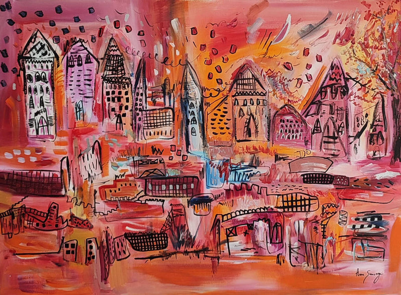 Orange city abstract painting by French contemporary artist