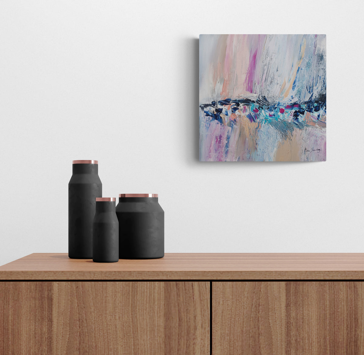 pastel textured abstract painting in pink orange white and blue by French artist Âme Sauvage