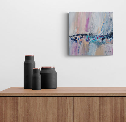 pastel textured abstract painting in pink orange white and blue by French artist Âme Sauvage
