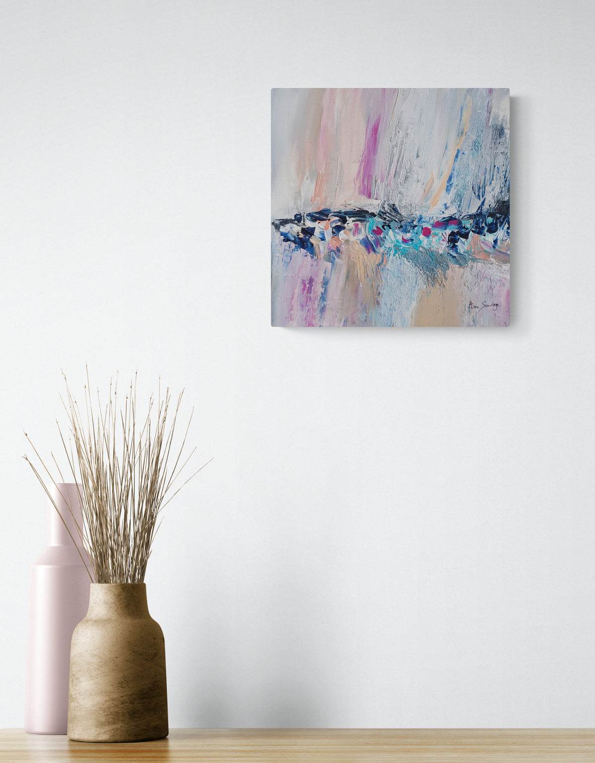 pastel textured abstract painting in pink orange white and blue by French artist Âme Sauvage