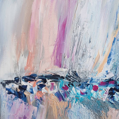 pastel textured abstract painting in pink orange white and blue by French artist Âme Sauvage