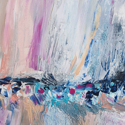 pastel abstract painting in pink orange white and blue by French artist Âme Sauvage