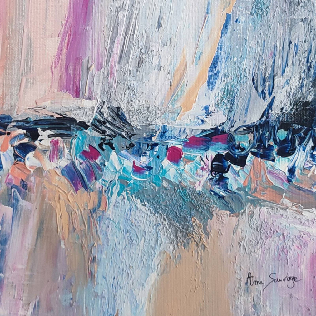pastel textured abstract painting in pink orange white and blue by French artist Âme Sauvage