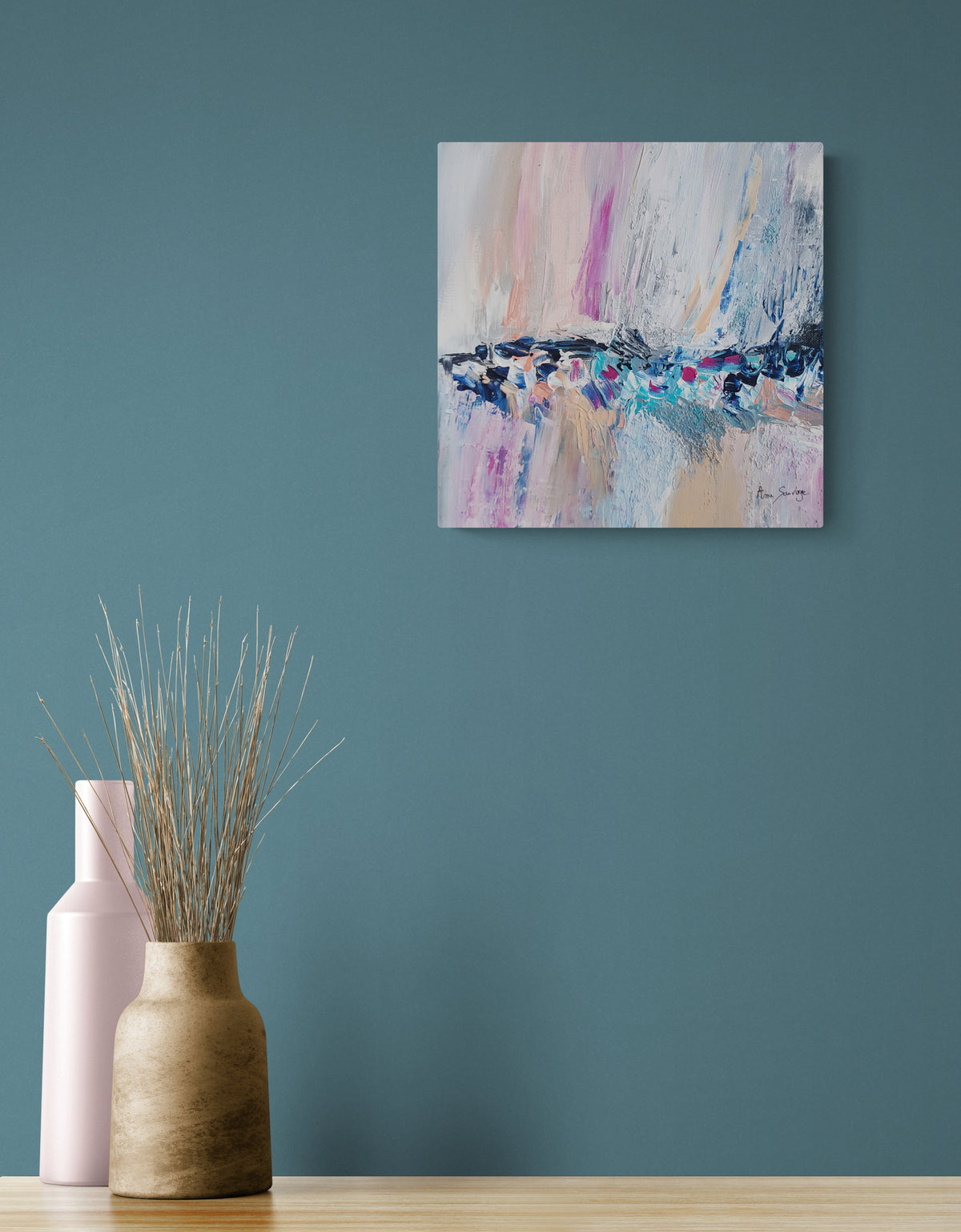 pastel textured abstract painting in pink orange white and blue by French artist Âme Sauvage