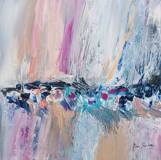 pastel abstract painting in pink orange white and blue by French artist Âme Sauvage