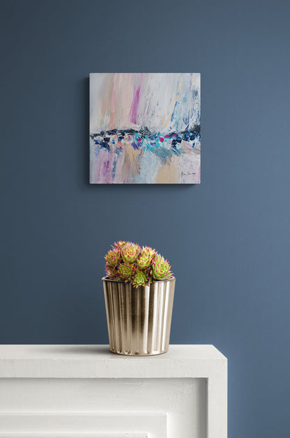 pastel textured abstract painting in pink orange white and blue by French artist Âme Sauvage