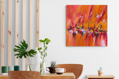 Warm red abstract painting displayed in a modern interior