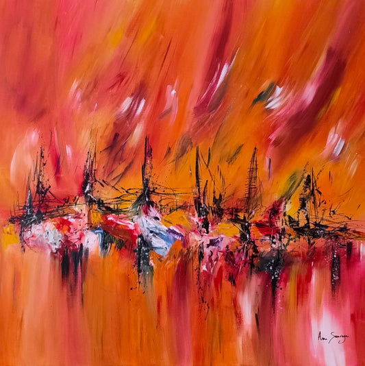 Pays de lumière red and orange abstract painting by French artist Âme Sauvage