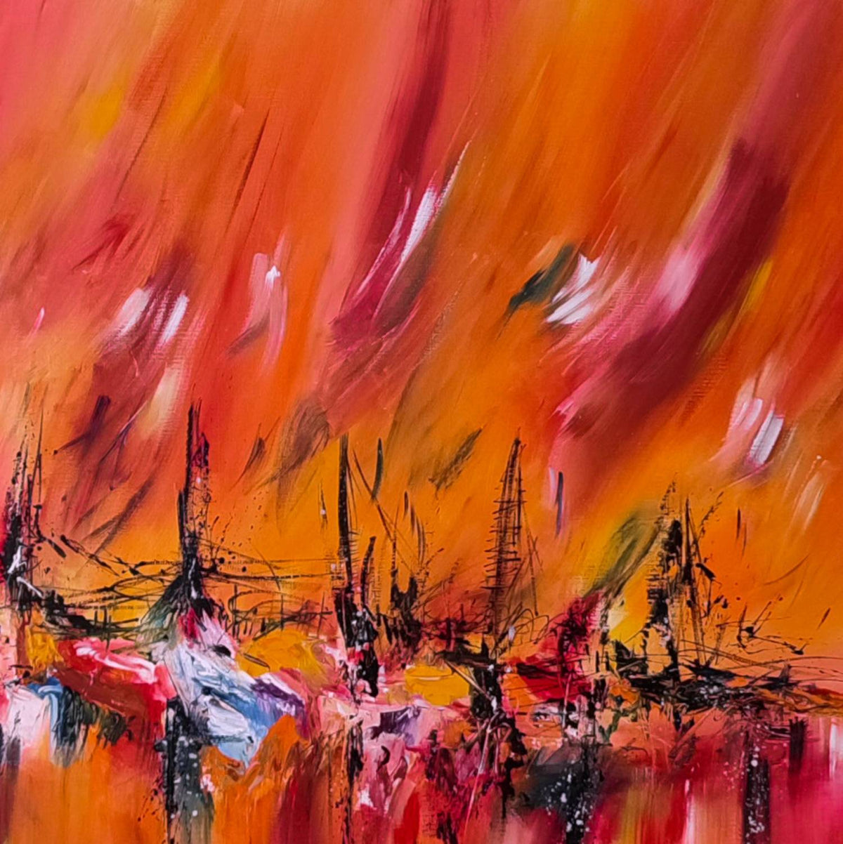 Detail of warm red and orange abstract artwork