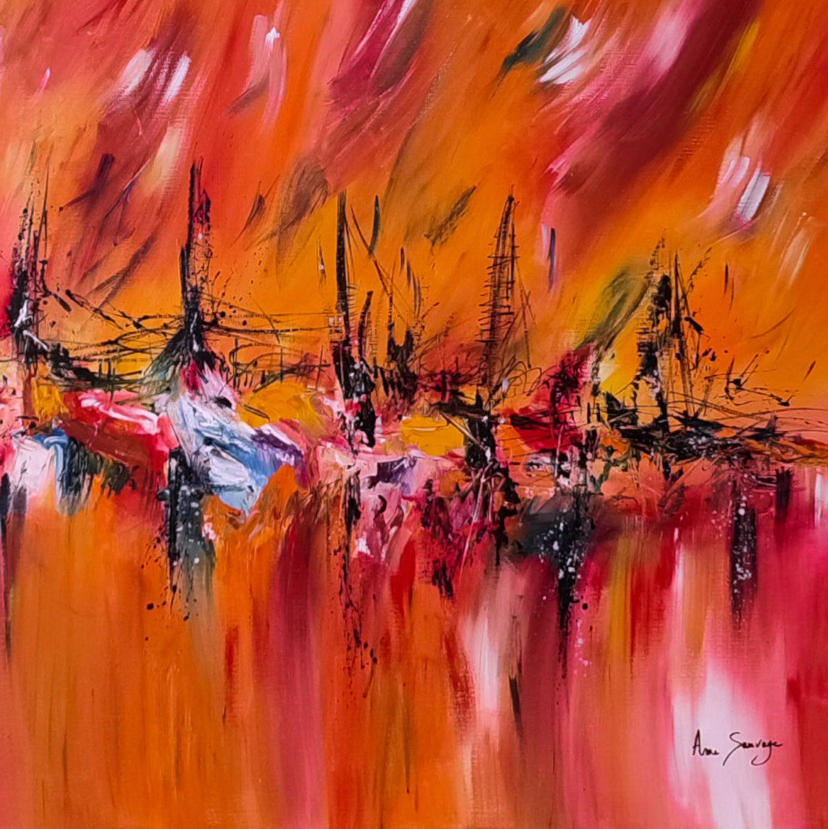 Detail of warm red and orange abstract artwork