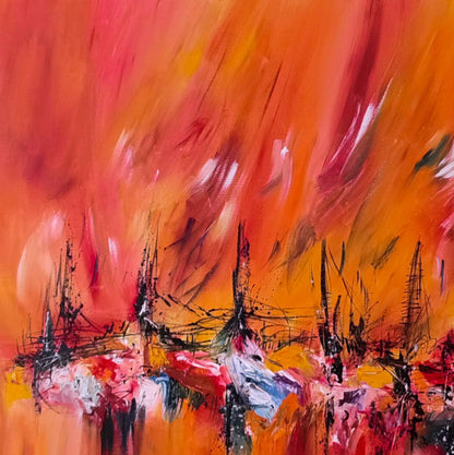Detail of warm red and orange abstract artwork