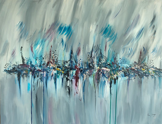 Paysage bleu artificiel large grey and blue abstract painting by French artist Âme Sauvage