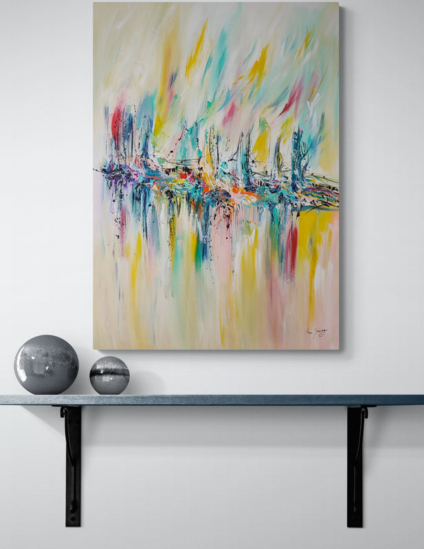large vertical colourful original abstract painting on canvas by French artist Âme Sauvage