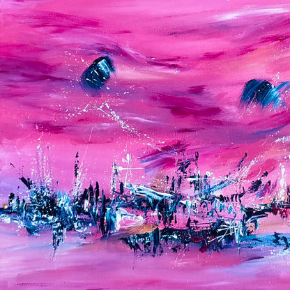 Pink and blue abstract painting details