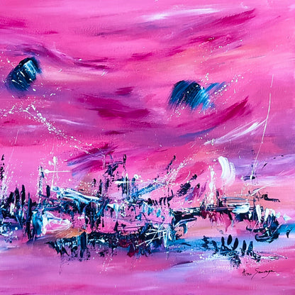 PInk and blue abstract painting details