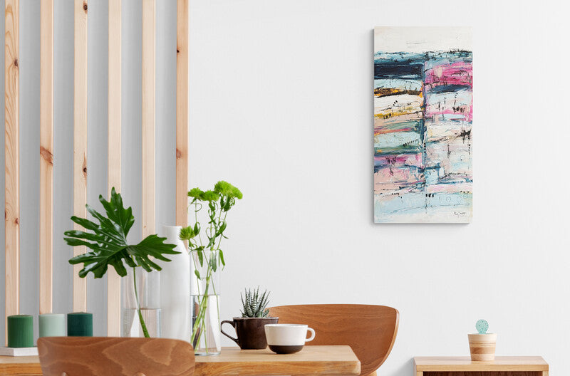 Pink white and blue abstract painting by French artist Âme Sauvage