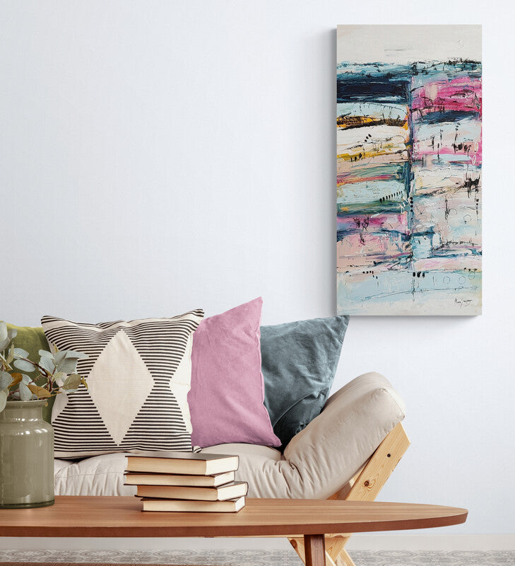 Pink white and blue abstract painting by French artist Âme Sauvage