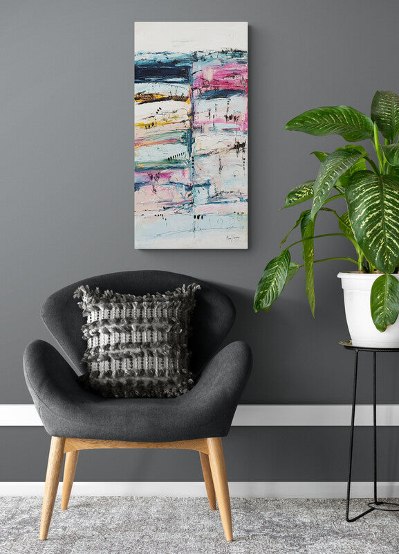 Pink white and blue abstract painting by French artist Âme Sauvage