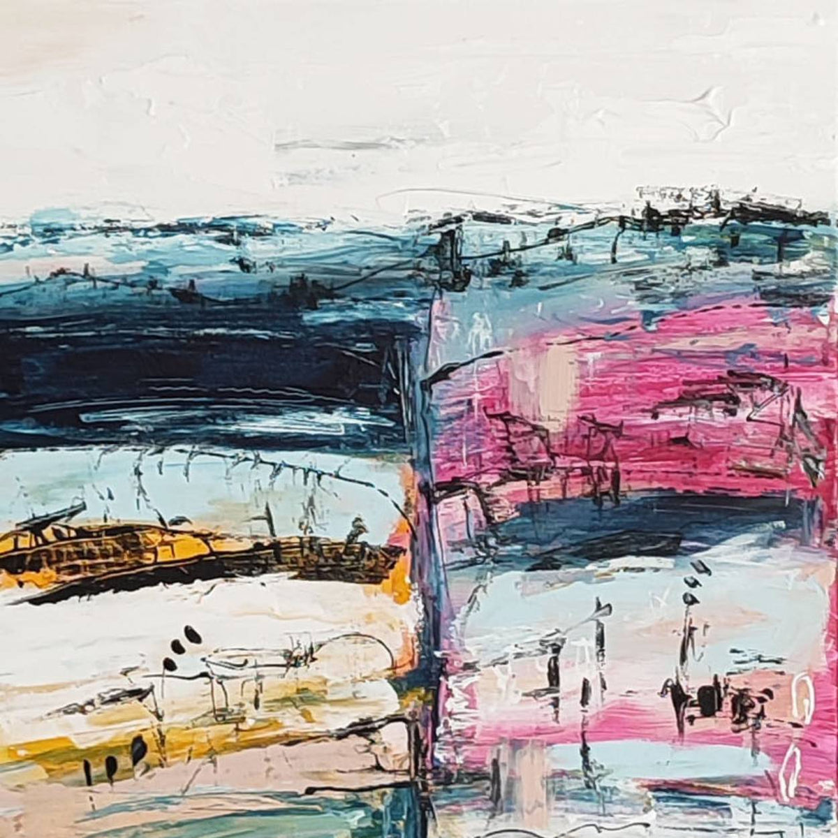 Pink white and blue abstract painting by French artist Âme Sauvage