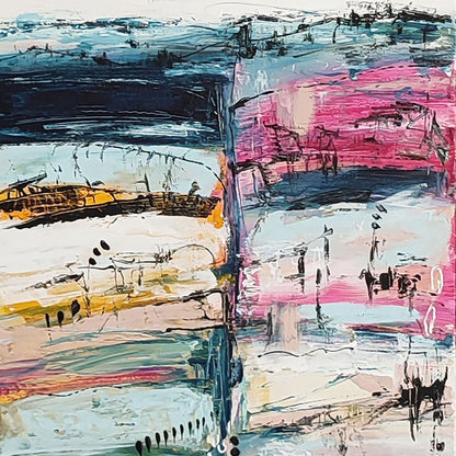 Pink white and blue abstract painting by French artist Âme Sauvage