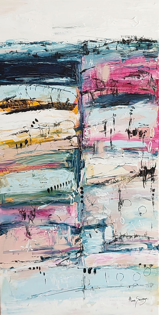 Pink white and blue abstract painting by French artist Âme Sauvage
