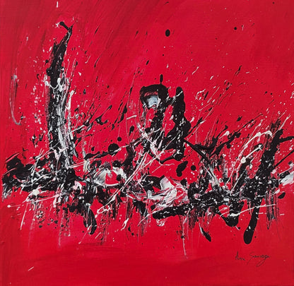 Red black and white abstract painting by French contemporary artist