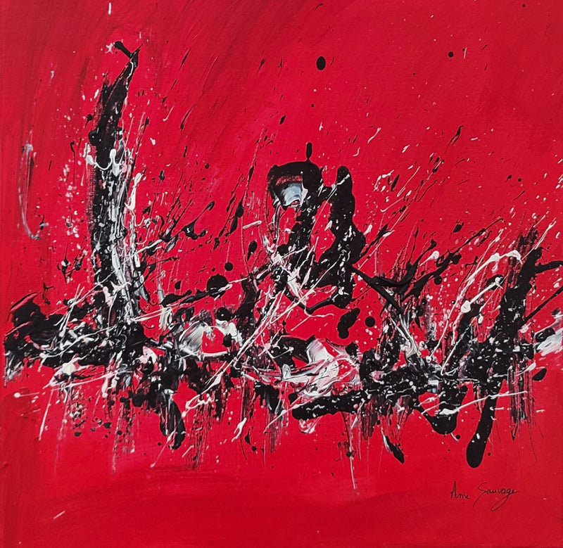 Red black and white abstract painting by French contemporary artist