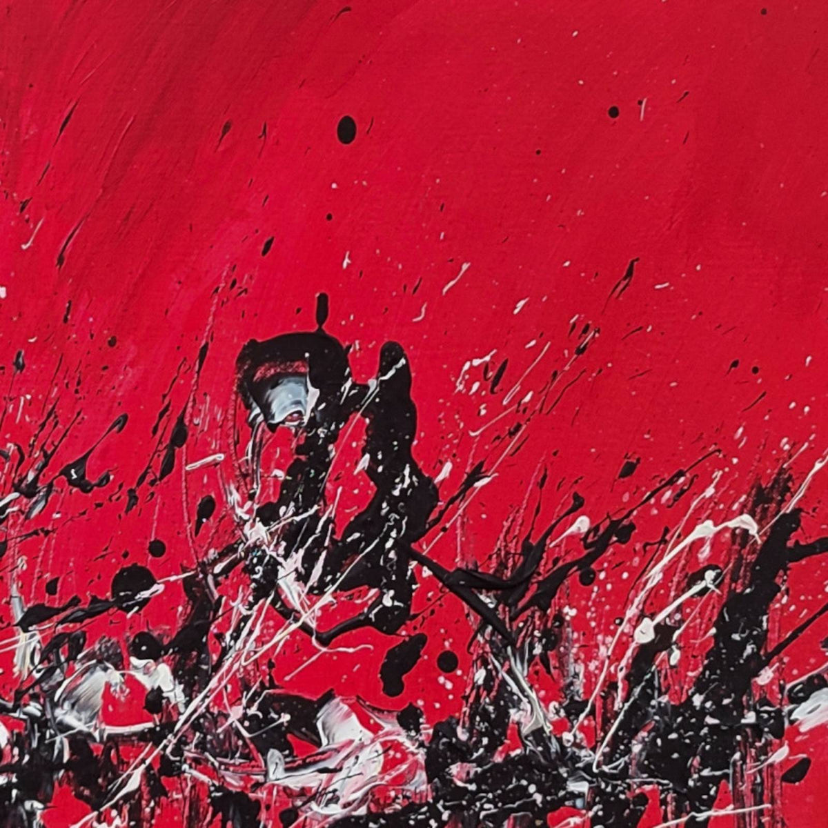 Detail of a red black and white abstract painting with expressive marks