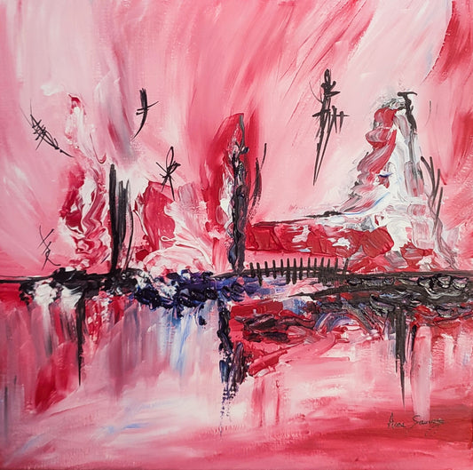 Red black and white abstract painting by French contemporary artist
