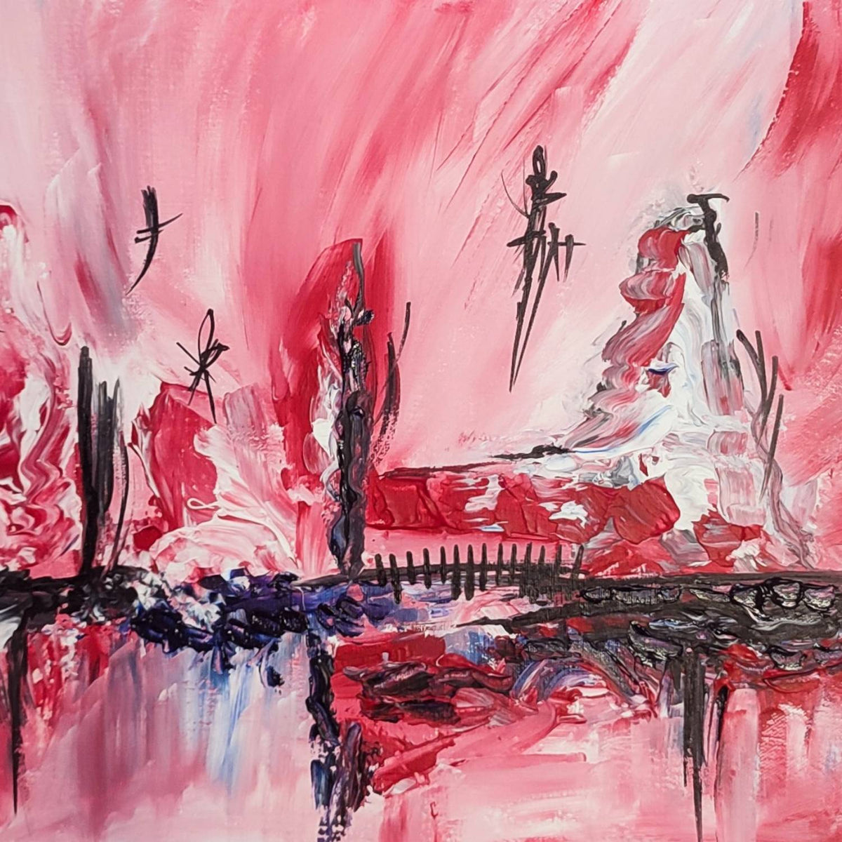 Close-up detail of contemporary abstract artwork in red, black and white