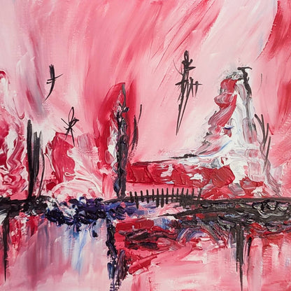 Close-up detail of contemporary abstract artwork in red, black and white