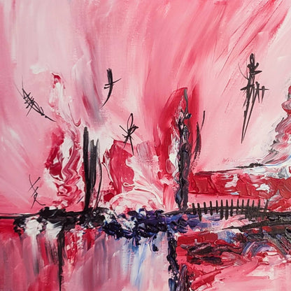 Detail of a red black and white abstract painting with expressive forms
